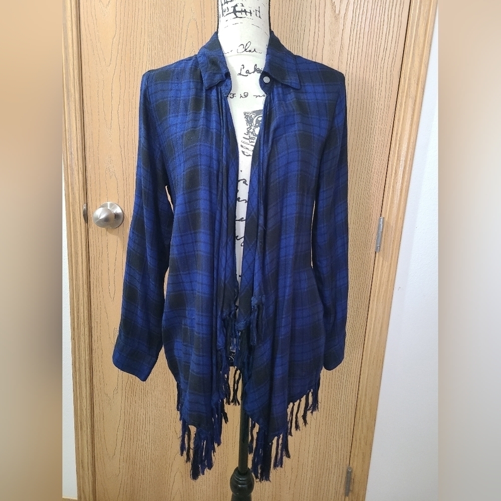 Hannah Brand Plaid Flannel Fringe Cozy Western Waterfall Cardigan